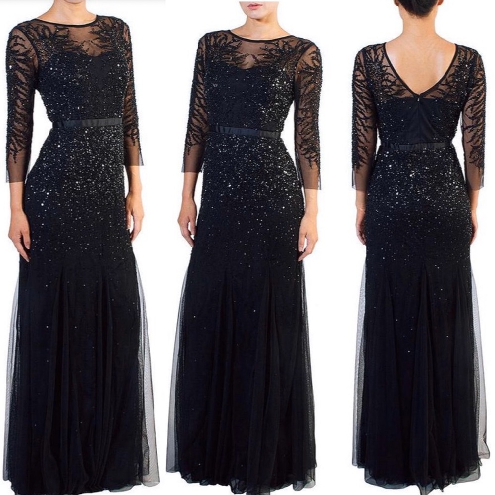 Adrianna Papell 3/4 sleeves beaded illusion sleeve long gown